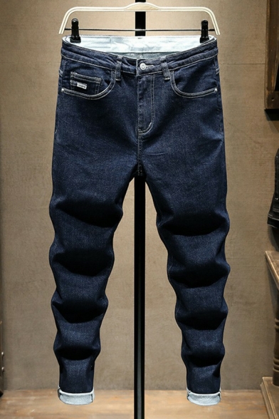 Leisure Plain Jeans Zip Closure Rolled Cuffs Multi-Pockets Straight Cut Jeans for Guys