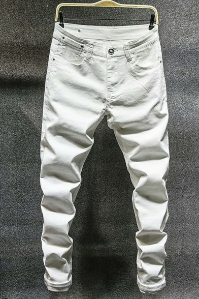 Men Creative Denim Pants Plain Zip Fly Pocket Detail Regular Fit Denim Pants