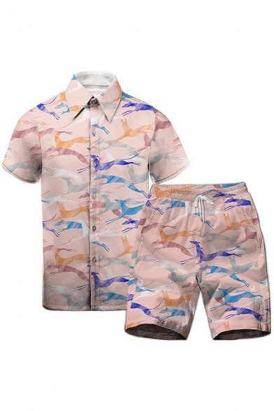 Men Leisure Set All over Pattern Turn-down Collar Button Fly Shirt Drawcord Shorts Two Piece Set