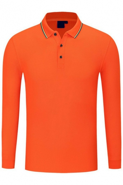 Men Metrosexual Polo Shirt Contrast Line Button Up Long Sleeves Regular Polo Shirt