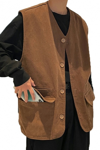 Men's Dashing Vest Plain Color V-Neck Button Closure Flap Pockets Regular Fit Vest