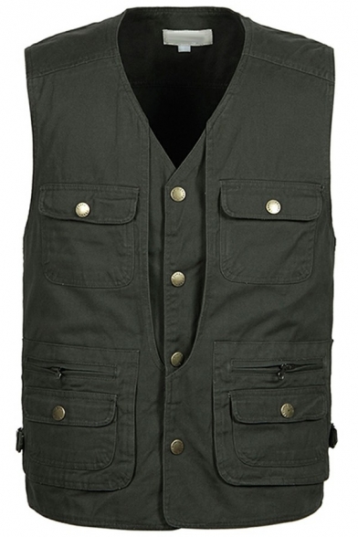 Men's Dashing Vest Pure Color V-Neck Button Closure Regular Fitted Vest with Pocket
