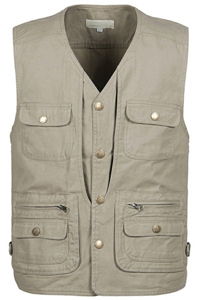 Men's Dashing Vest Pure Color V-Neck Button Closure Regular Fitted Vest with Pocket