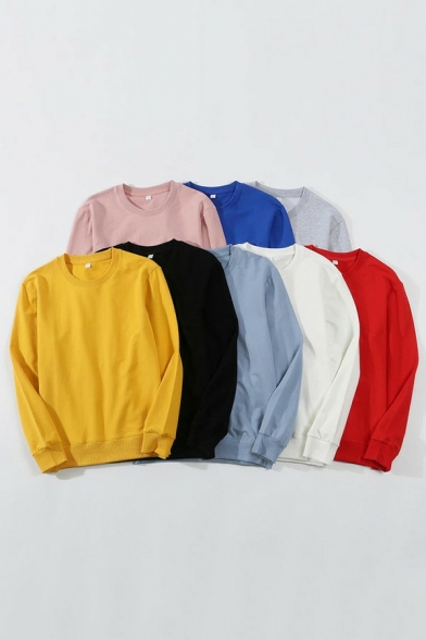 Men Street Look Hoody Solid Color Round Neck Rib Cuffs Long Sleeve Relaxed Hoody