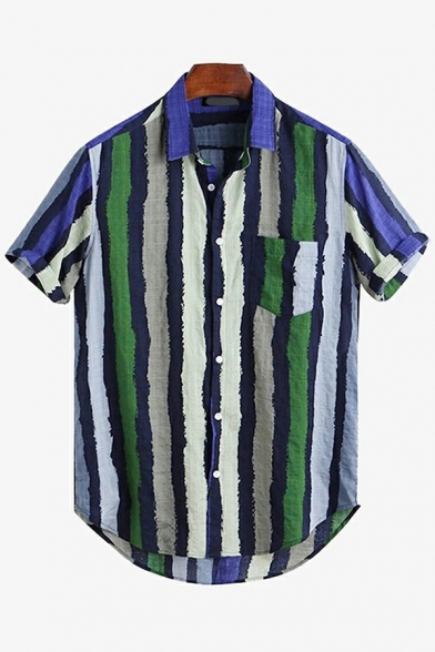 Men Trendy Shirt Striped Pattern Short-Sleeved Lapel Collar Button up Chest Pocket Detail Loose Fit Shirt