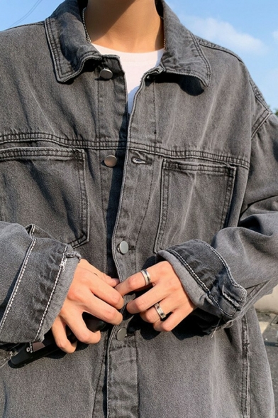 Mens Slouch Jacket Breast Pocket Button Placket Turn-Down Collar Loose Denim Jacket