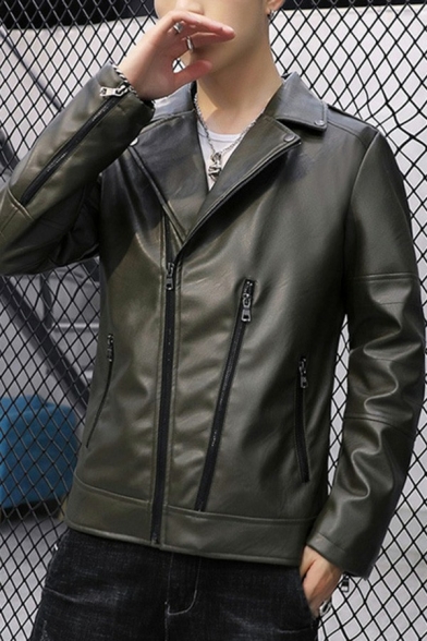 Modern Guys Leather Jacket Solid Turn-down Collar Zip Design Pocket Fitted Leather Jacket