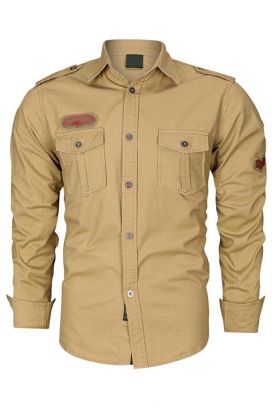 Modern Mens Shirt Solid Color Long Sleeves Lapel Collar Pocket Detail Curved Hem Slim Fitted Shirt