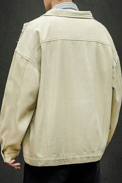 Pop Men's Jacket Plain Ripped Button-up Long Sleeves Pocket Decorated Oversized Denim Jacket