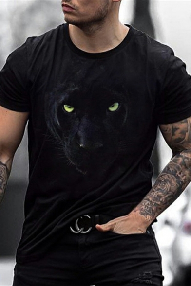 Popular Mens T-Shirt Leopard Print Short Sleeves Round Neck Slim Fit T-Shirt