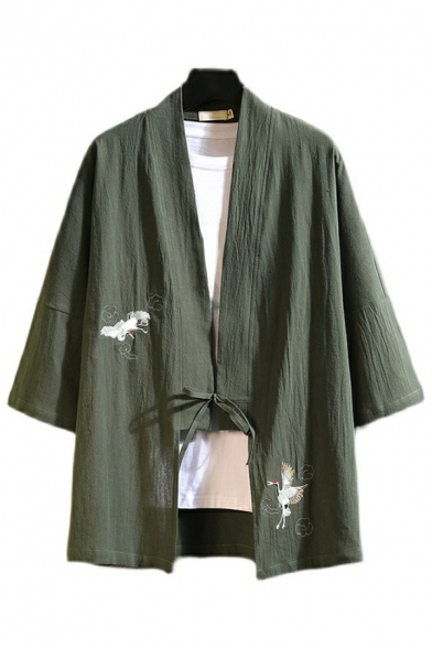 Simple Men's Coat Crane Print Lace Up 3/4 Sleeve Oversized Coat