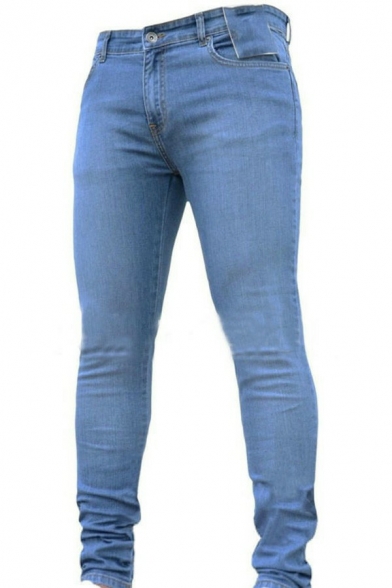 Simple Solid Color Jeans Zip Closure Multi-Pockets Skinny Fit Jeans for Mens