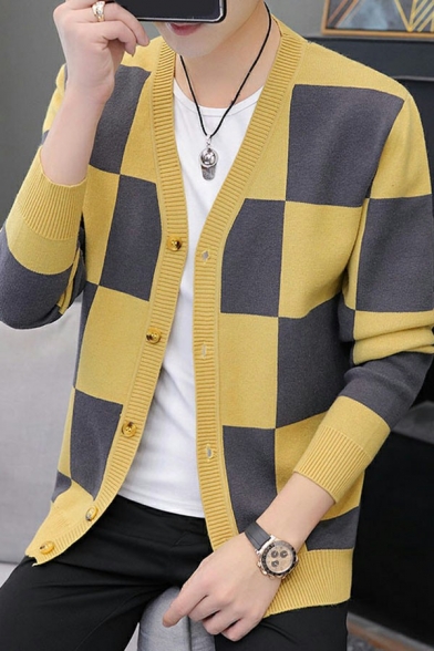 Street Look Mens Knit Cardigan Plaid Printed Long-Sleeved V-Neck Single-Breasted Fitted Cardigan