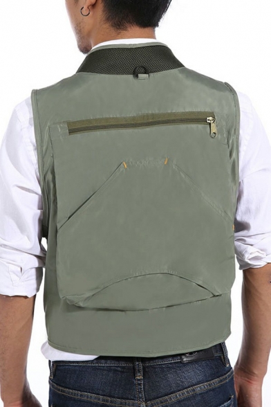 Street Style Mens Vest Plain Multi Pockets V-Neck Slim Fitted Zip Placket Cargo Vest