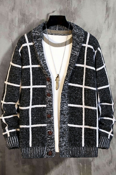 Stylish Mens Knit Cardigan Plaid Printed Long-Sleeved V-Neck Single-Breasted Fitted Knit Cardigan