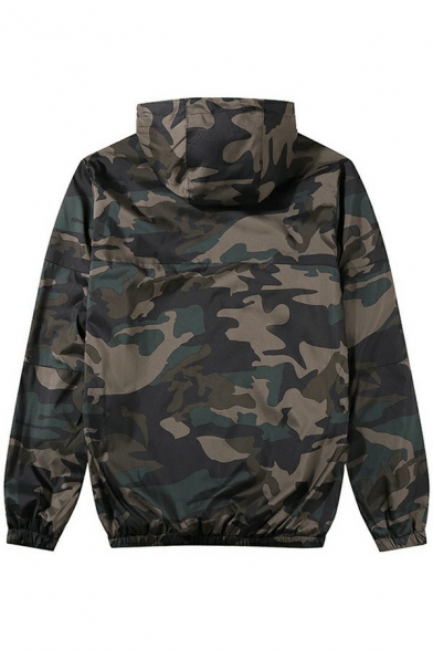 Trendy Coat Camouflage Pattern Drawstring Long-Sleeved Relaxed Zip Fly Hooded Coat for Guys