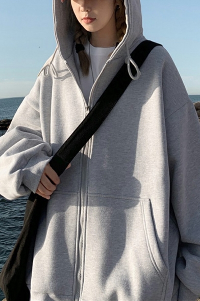 Trendy Hooded Sweatshirt Solid Color Zip Up Drawcord Long-Sleeved Regular fit Hoodie for Men
