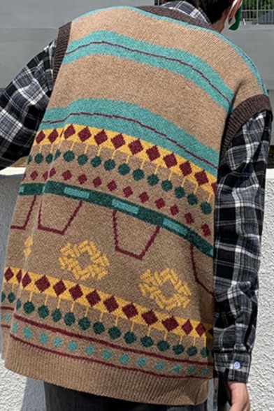 Urban Men's Knit Vest Contrast Color Rib Trim V-Neck Sleeveless Loose Fitted Knit Vest