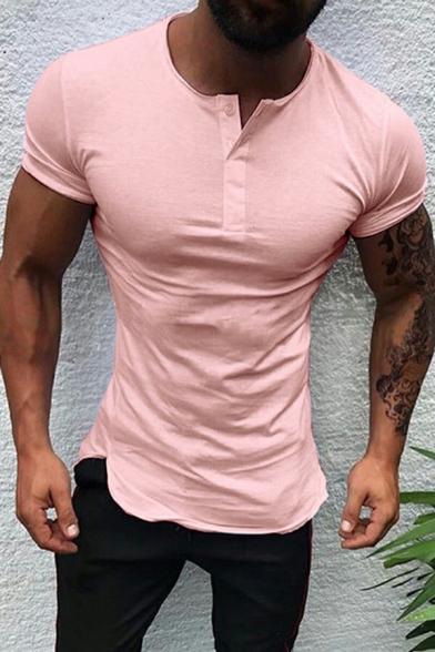 Basic Men Tee Shirt Pure Color Button Detailed Short-Sleeved Round Neck Slim Fit T-Shirt