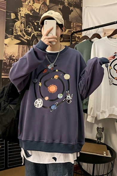 Chic Guys Sweatshirt Planet Print Long-Sleeved Crew Neck Rib Cuffs Loose Fit Sweatshirt