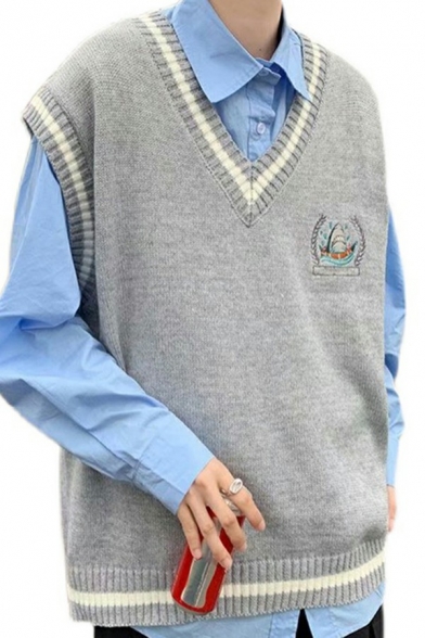 Fancy Mens Knit Vest Logo Pattern Color Block Trim V-Neck Sleeveless Relaxed Fit Knit Vest