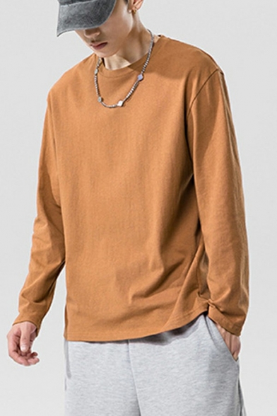 Guys Freestyle Tee Shirt Plain Round Collar Long Sleeve Regular Fitted T-Shirt