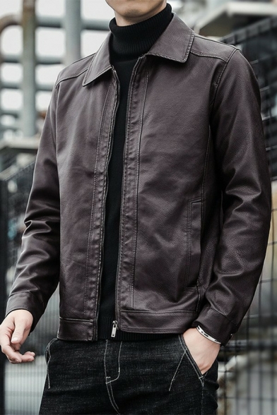 Leisure Men Jacket Solid Pocket Lapel Collar Long Sleeve Relaxed Fit Zip Fly Leather Jacket