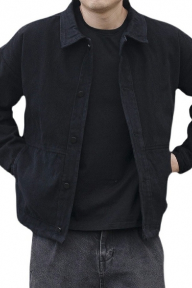 Leisure Simple Denim Jacket Spread Collar Long Sleeves Button Up Regular Denim Jacket for Men