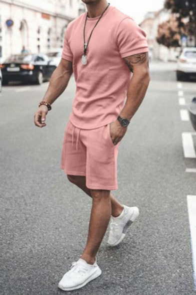 Men Boyish Two Piece Set Solid Color Round Neck Drawcord Short Sleeve Shorts Baggy Two Piece Set
