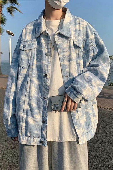 Men Freestyle Jacket Tie-Dyed Print Long Sleeve Button Placket Side Pocket Relaxed Fit Denim Jacket