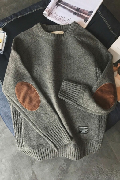 Men Popular Sweater Rib Cuffs Patch Designed Round Neck Long Sleeve Loose Pullover Sweater