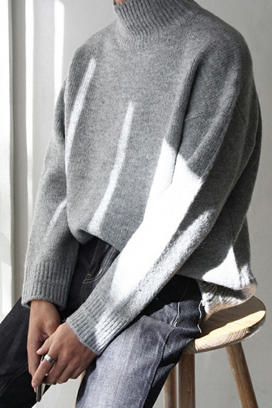 Men's Hip-hop Pullover Plain Mock Neck Long Sleeve Relaxed Pullover