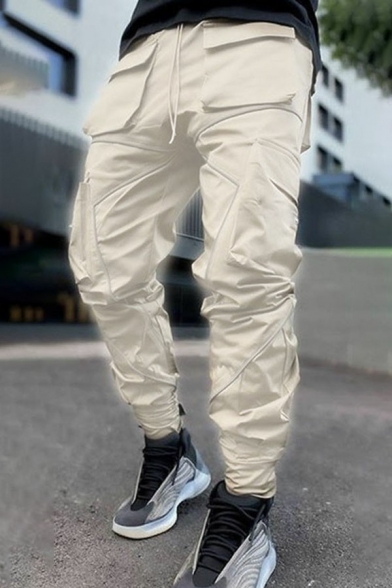 Men's Trendy Pants Color Block Line Pattern Elastic Waist Regular Fitted Pants with Pockets