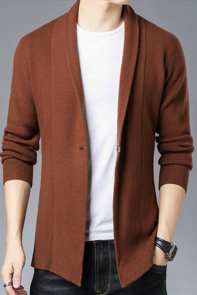 Mens Dashing Pure Color Sweater Long-Sleeved Lapel Collar  Slim Fit ted Cardigans
