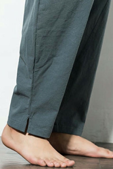 Oversized Mens Pants Pure Color Side Pocket Drawcord Waist Long Length Loose Pants