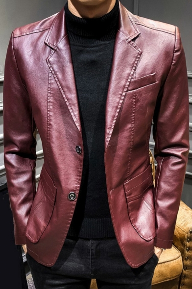 Pop Leather Jacket Solid Button Placket Side Pocket Fitted Long Sleeve Leather Jacket for Men