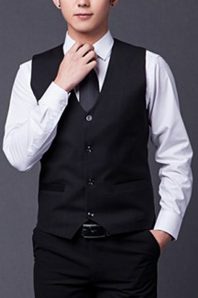 Popular Men Suit Vest Plain Pocket Detailed Sleeveless Slim Fitted V-Neck Button-up Vest