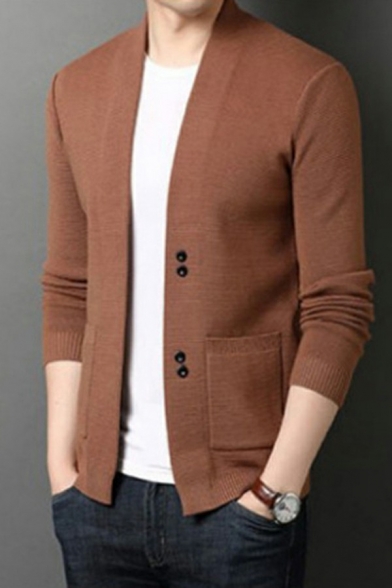 Street Look Guys Cardigan Whole Colored Button Detailed Side Pocket Regular Long Sleeves Cardigan