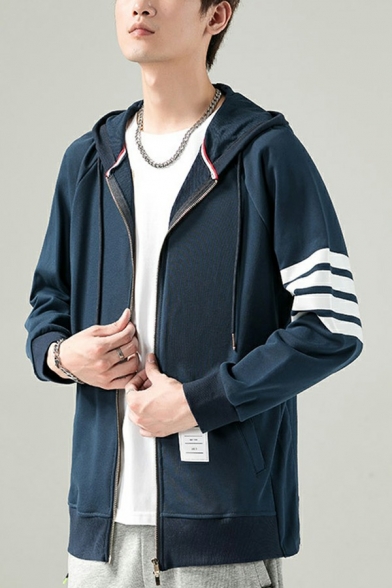 Stylish Guy's Hoodie Arm Stripe Printed Pocket Long Sleeve Regular Zip Closure Drawcord Hoodie