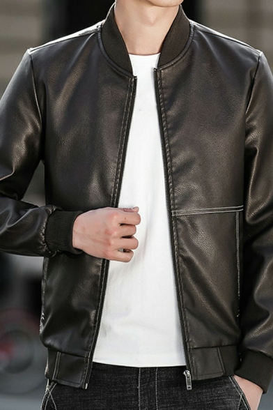 Trendy Jacket Solid Color Pocket Detailed Stand Collar Long Sleeve Skinny Leather Jacket for Guys