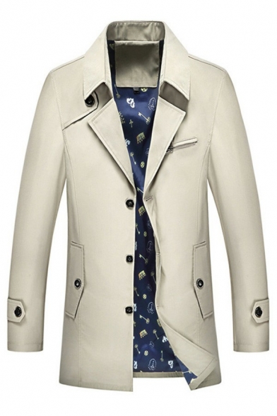 Trendy Men's Trench Coat Plain Turn-down Collar Button Fly Side Pocket Long Length Trench Coat