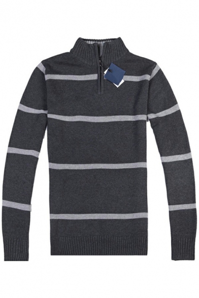 Trendy Sweater Stripe Pattern Long-Sleeved 1/4 Zip Collar Rib Cuffs Regular Fit Sweater for Men