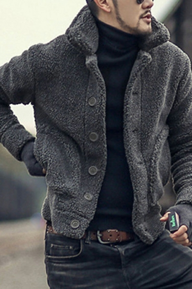 Urban Mens Coat Plain Color Long Sleeves Lapel Collar Button Closure Fitted Coat