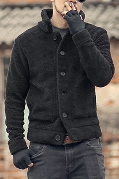 Urban Mens Coat Plain Color Long Sleeves Lapel Collar Button Closure Fitted Coat