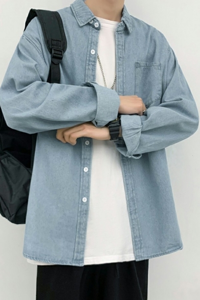 Vintage Mens Denim Jacket Plain Color Long-Sleeved Lapel Collar Chest Pocket Relaxed Fit Denim Jacket