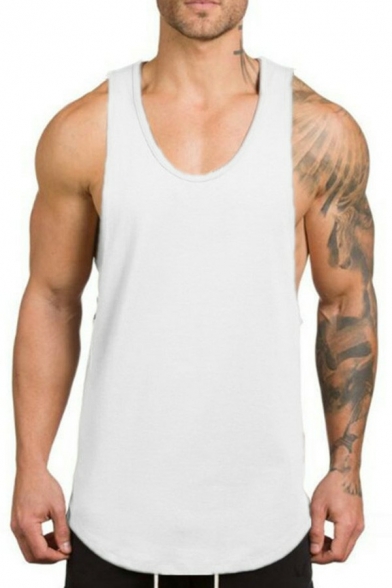 Vintage Mens Tank Top Pure Color Sleeveless Round Neck Curved Hem Loose Fitted Tank Top