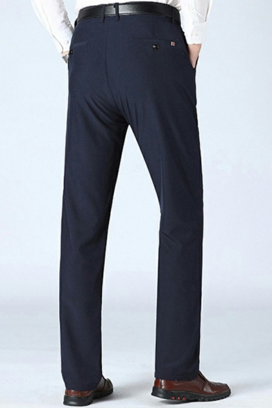 Vintage Pants Solid Pocket Detailed Full Length Mid Waist Straight Leg Zip Fly Pants for Men
