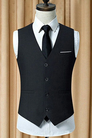 Basic Waistcoat Solid Color Chest Pocket Sleeveless Slim V-Neck Single-Breasted Blazer Vest for Men