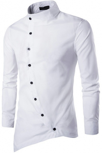 Chic Mens Shirt Solid Color Long-Sleeved Button Closure Stand Collar Asymmetric Hem Slim Fit Shirt