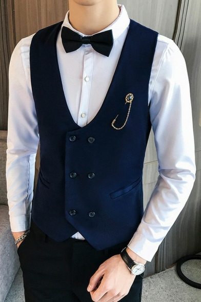 Chic Mens Vest Solid Color V-Neck Sleeveless Button Closure Pockets Detail Slim Fitted Suit Vest